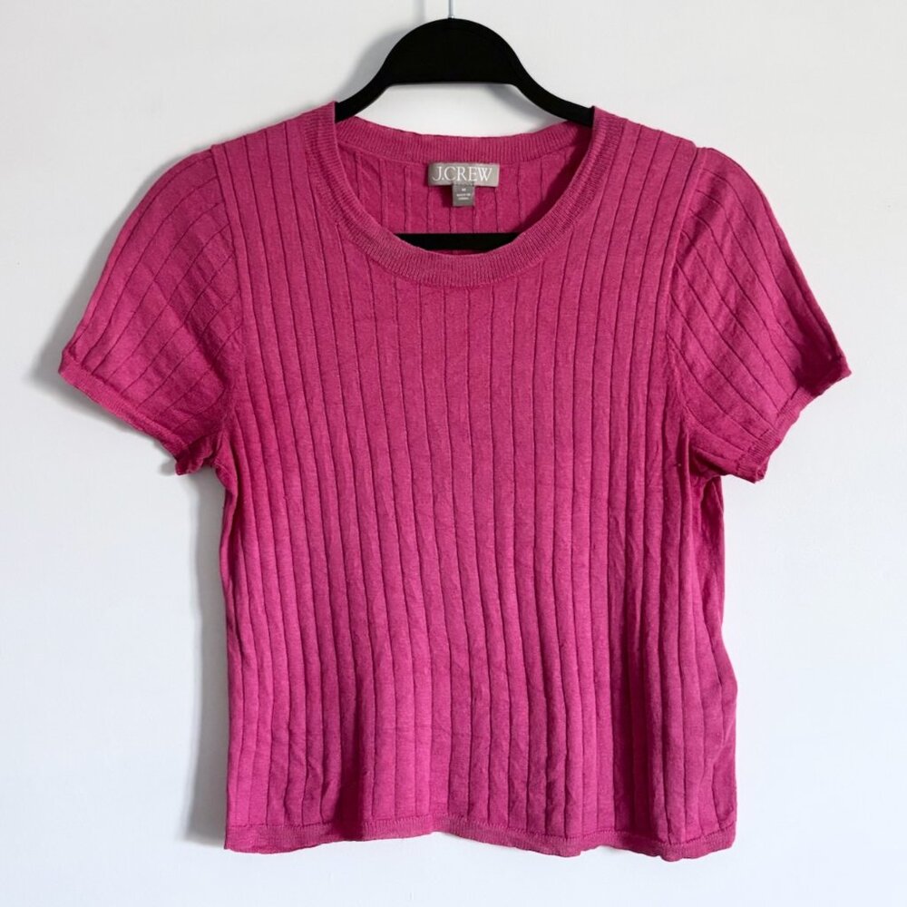 J Crew Silk Cashmere Blend Shrunken Crop Ribbed Sweater Tee Pink
